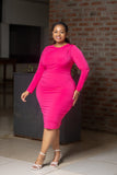 Pink shoulder ruched long sleeved dress