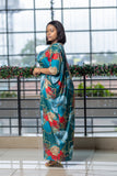 Green red floral kaftan with belt